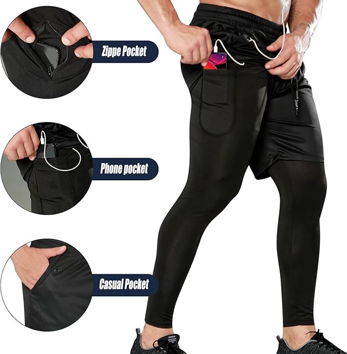 Odoland 2 Pack Mens Compression Running Pants, 2 in 1 Quick Dry Athletic Workout Sweatpants Shorts Gym Leggings with Pocket