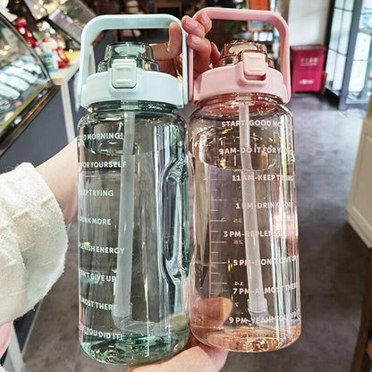 Large Capacity 2L Sports Water Bottle with Straw, Portable and Leakproof, Featuring Time Marker-Pe