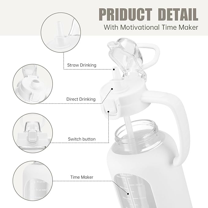 64 oz Glass Water Bottle with Handle and Straw Large 2L Water Bottle with Time Markers and Silicone Sleeve Half Gallon Water Jug BPA Free for Gym Daily Use
