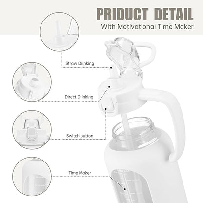 64 oz Glass Water Bottle with Handle and Straw Large 2L Water Bottle with Time Markers and Silicone Sleeve Half Gallon Water Jug BPA Free for Gym Daily Use