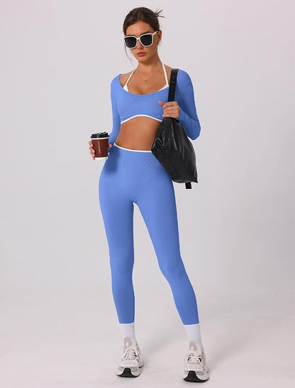 ABOCIW Workout Sets for Women Long Sleeve Crop Top Scrunch Butt Lifting High Waist Leggings 2 Piece Gym Yoga Outfits