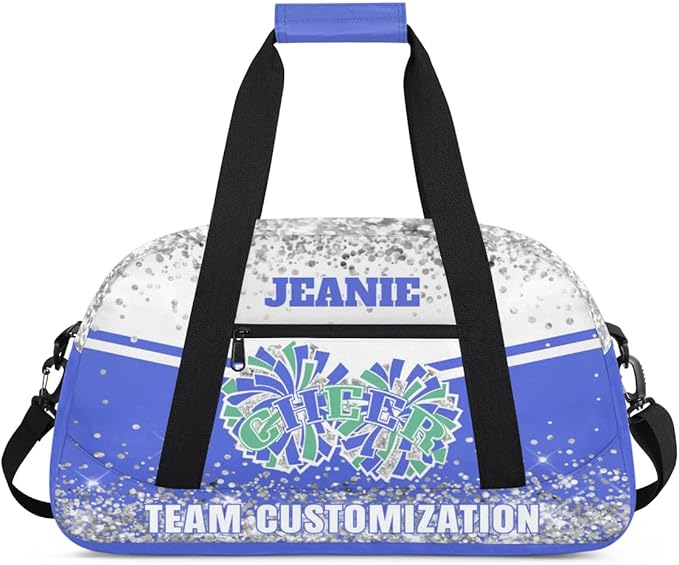 Personalized Cheer Gym Bags for Girls Kids Cheerleaders with Custom Name Sport Dance Perform Training Duffel Bags for Overnight Weekender Travel White Blue