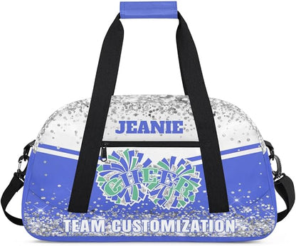 Personalized Cheer Gym Bags for Girls Kids Cheerleaders with Custom Name Sport Dance Perform Training Duffel Bags for Overnight Weekender Travel White Blue