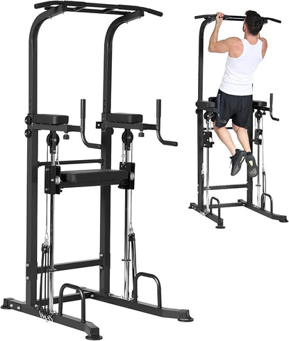 Dland Power Tower Dip Station Pull Up Bar Exercise Tower, Multi-Function Adjustable Training Equipment for Home Gym, Strength Training Workout Equipment, Black