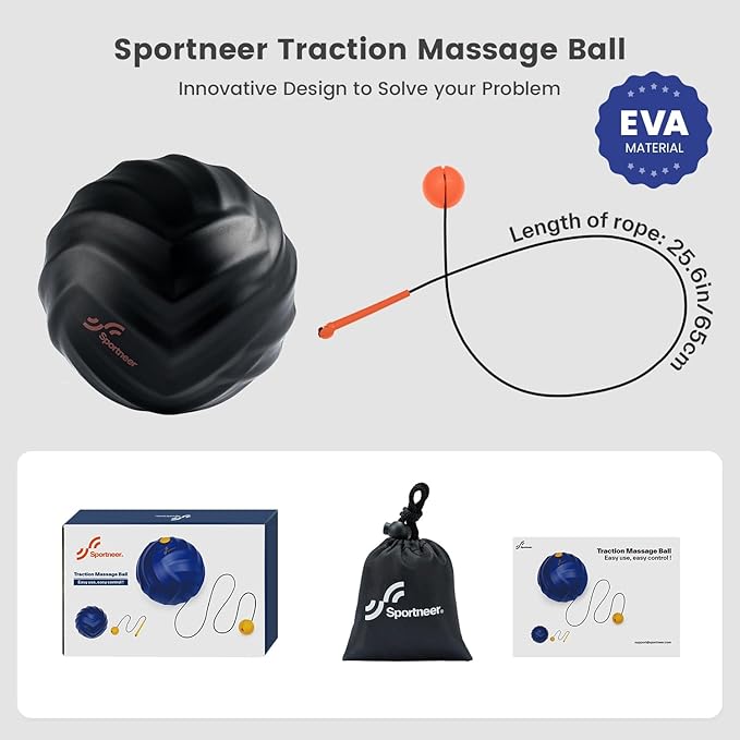 Sportneer Massage Lacrosse Ball with String, Deep Tissue Massager for Back Myofascial Release, Shoulder Trigger Point Therapy & Foot Plantar Fasciitis, Free Relax for Whole Body, Greasy Black