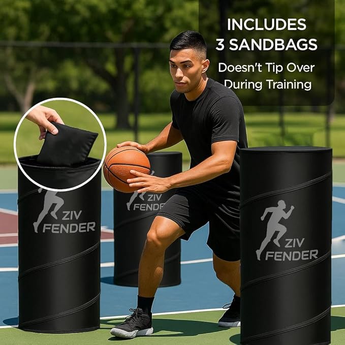 Pop Up Defender Soccer and Basketball Defender Dummy Practice Equipment for Defence Training Drills with Pack of 3 Pop Up Barrels Sand Bags and Carry Bag Color Black