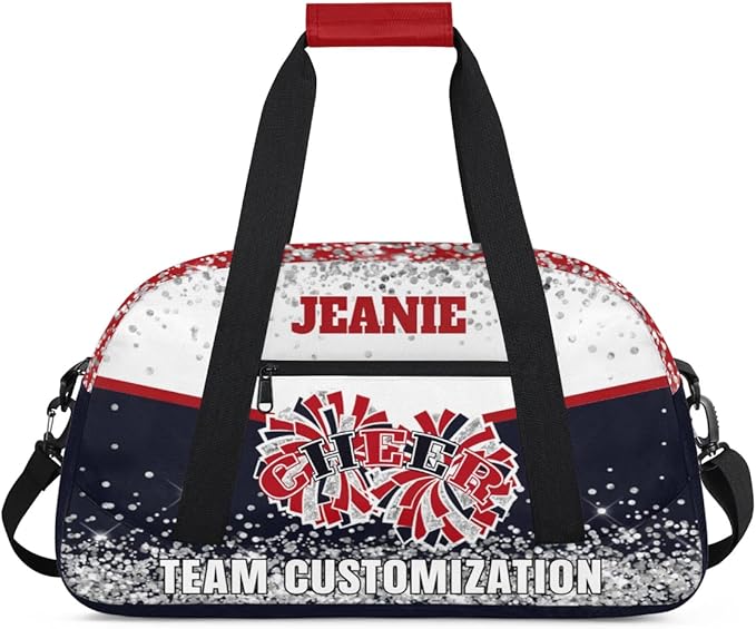 Personalized Cheer Gym Bags for Girls Kids Cheerleaders with Custom Name Sport Dance Perform Training Duffel Bags for Overnight Weekender Travel White Dark Blue