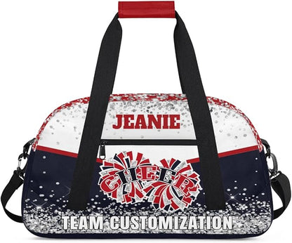 Personalized Cheer Gym Bags for Girls Kids Cheerleaders with Custom Name Sport Dance Perform Training Duffel Bags for Overnight Weekender Travel White Dark Blue