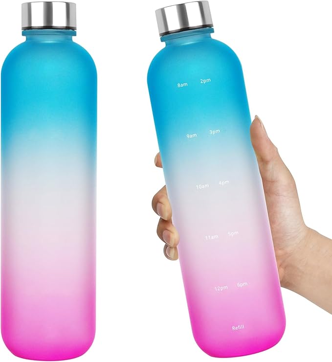 Water Bottle 32 oz, Frosted Style Sports Water Bottles BPA Free Water Bottle With Time Marker,Small mouth Leakproof Water Bottles with Strap for Gym Fitness Hiking Bike Camping (Pink)