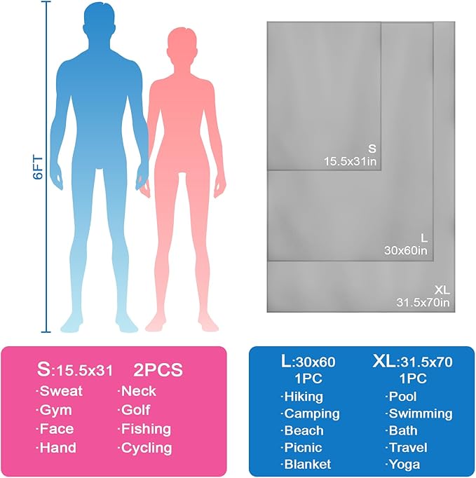 Travel Body Towel L Size Microfiber Quick Dry Lightweight for Men Women Camping Hiking Beach Swimming Pool Hot Yoga Mat Towels(Light Grey, 1 Pack L)