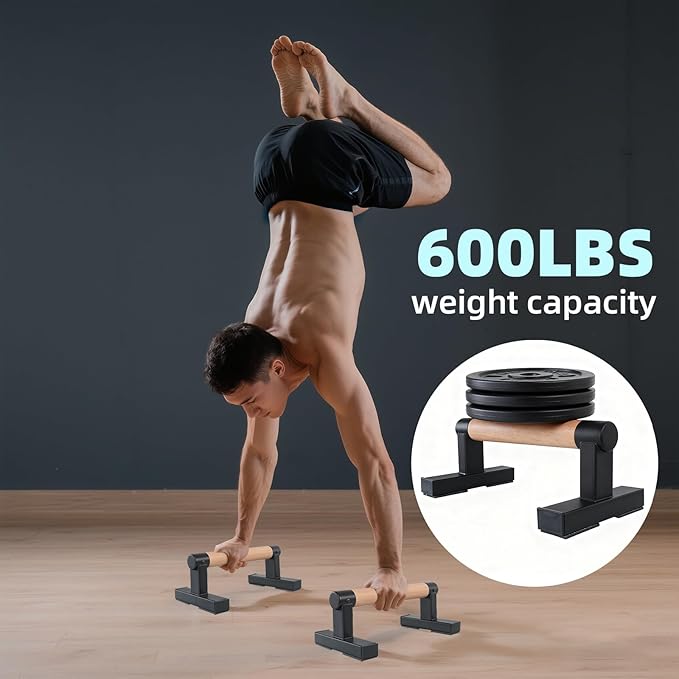 1 Pair Wooden Parallettes Push Up Bars for Men, Strength Training Pushup Stands Handles for Home Calisthenics, Fitness, Floor Workouts Bars Solid Wood with Metal Bracket - Support 600 lbs