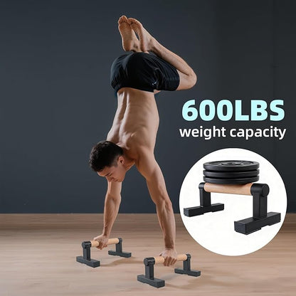 1 Pair Wooden Parallettes Push Up Bars for Men, Strength Training Pushup Stands Handles for Home Calisthenics, Fitness, Floor Workouts Bars Solid Wood with Metal Bracket - Support 600 lbs