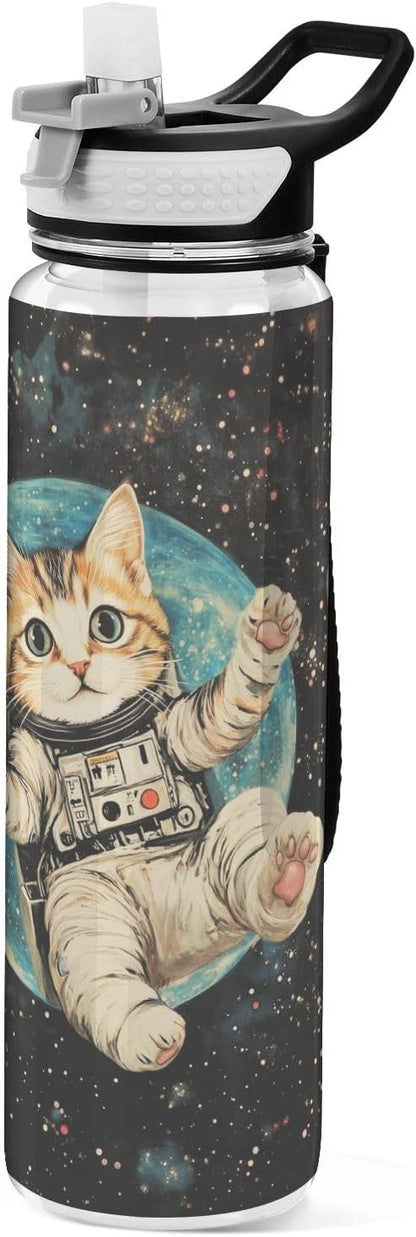 Fustylead Cute Cat Wearing Spacesuits in Space 32oz BPA Free Water Bottle, Leak-proof Bottle with Carrying Strap, Clear Sports Bottle for Running Cycling Camping