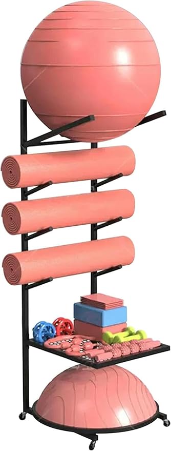 Yoga Mat Exercise Ball Stand Holder, Foam Roller Multi-Purpose Display Shelf with Wheels, Half Ball Balance Trainer Organizer Storage Rack for Gym Garage Studio