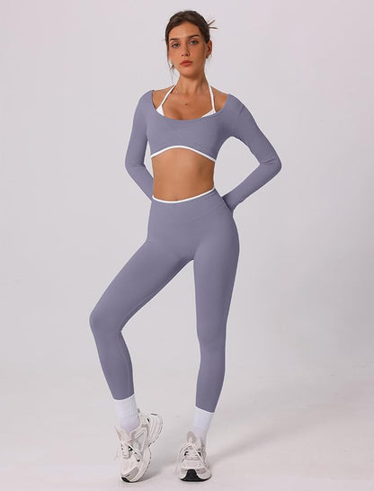 ABOCIW Workout Sets for Women Long Sleeve Crop Top Scrunch Butt Lifting High Waist Leggings 2 Piece Gym Yoga Outfits