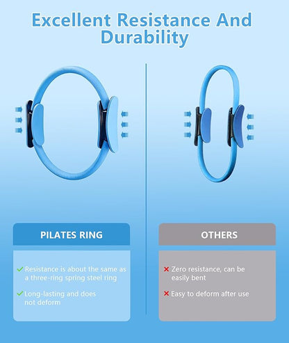 Pilates Ring Set with Adjustable Resistance - Full Body Workout Kit for Women, Portable Travel Bag & Anti-Slip Accessories - Blue