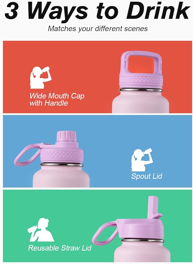 Coolflask Water Bottle 32 oz Insulated with Straw, Stainless Steel Metal 3 Lids Water Flask Wide Mouth for Sports or Office, Non-BPA Keep Cold Up to 48 Hrs or Hot Up to 24 Hrs, Pink