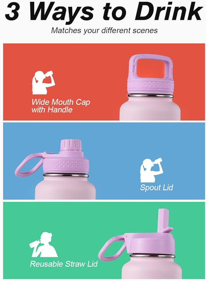Coolflask Water Bottle 32 oz Insulated with Straw, Stainless Steel Metal 3 Lids Water Flask Wide Mouth for Sports or Office, Non-BPA Keep Cold Up to 48 Hrs or Hot Up to 24 Hrs, Pink