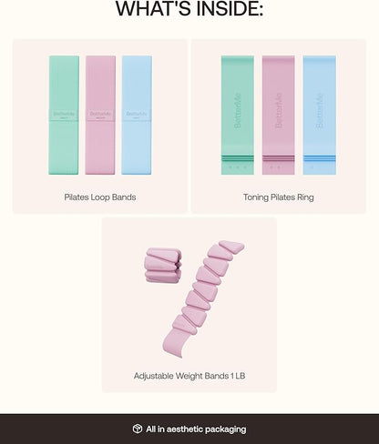 BetterMe Pilates Travel Kit – Pilates Loop Bands, Weight & Resistance Bands – Portable Pilates Kit for Women – Compact Home & Travel Workout Equipment Set