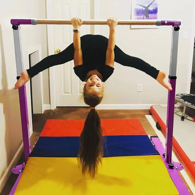 Gymnastics Bar for Kids Girls Ages 3-15 with Ring for Home Indoor Training Equipment- Steady Steel Construction, Anti-Slip, Easy to Assemble, 3' to 5' Adjustable Height