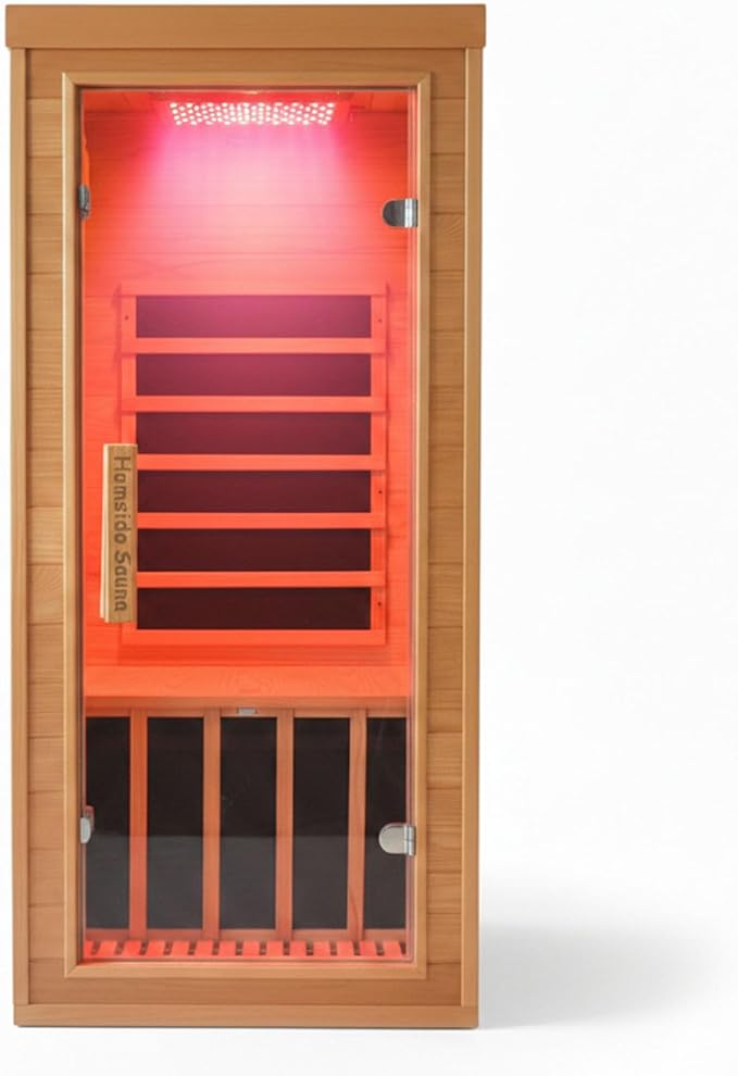 Homsido Red Light Therapy Infrared Sauna for Home – 1300W 110V 1-Person Indoor Wood Sauna w/Carbon Crystal Heaters, Red Light Lamp, Post-Workout Recovery & Spa Relaxation, Gift for Women Men