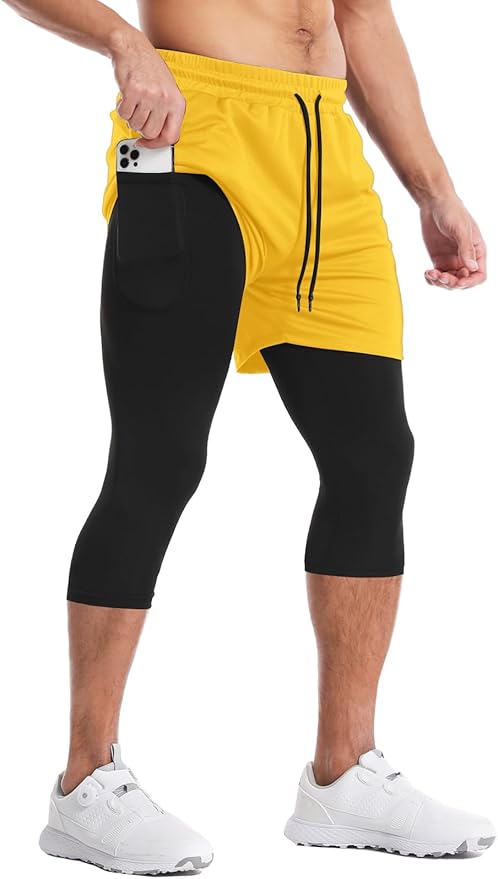 Aolesy Men's 2 in 1 Running Pants, Gym Workout Compression Pants for Men Training Athletic