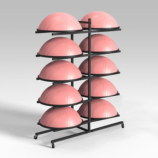 Organizer Holder Exercise Equipment Commercial Half Exercise Ball Holder Carts, Black Gold White 7-Tiers Balance Ball Trainer Storage Rack, Heavy Duty Fitness Gym Yoga Mat Container with Wheels