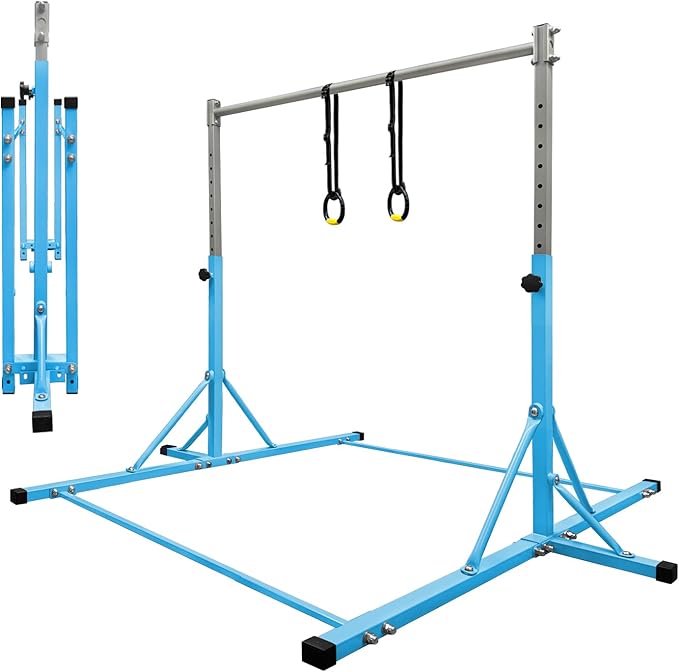 Gymnastics Bar for Kids Girls Ages 3-15 with Ring for Home Indoor Training Equipment- Steady Steel Construction, Anti-Slip, Easy to Assemble, 3' to 5' Adjustable Height
