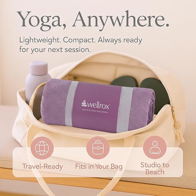 Wellrox Microfiber Yoga Mat Towel with Grip – Ultra Absorbent, Super Soft, and Quick Dry Hot Yoga Towel Non Slip for Pilates, Bikram, and Fitness Workouts (74” x 26”, Lavender)