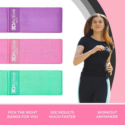 3DActive Fabric Resistance Bands for Legs & Butt. Wide Non-Slip Hip Band Set for Home & Gym Workouts. Exercise Guide & Carry Bag Included.