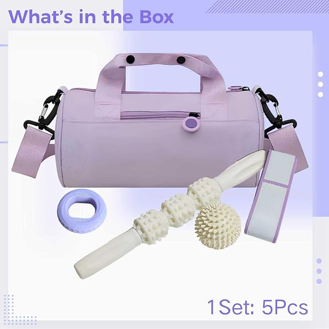 Portable Women'S Gym Bag Kit, 5 Pcs Exercise Accessories Set, Hand Grip Roller Stick Yoga Band Spiky Ball Kit, Stylish Sport Bag For Workout