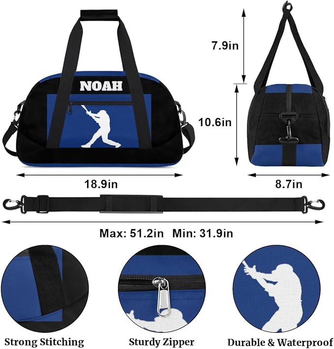 Personalized Sports Training Bag for Boys, Custom Name Baseball Carry On Weekender Gymnastics Gym Bag for Men Travel Business Trip, Playing Baseball Silhouette Blue and Black Background