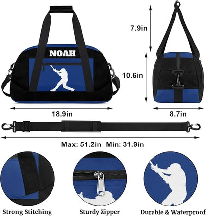 Personalized Sports Training Bag for Boys, Custom Name Baseball Carry On Weekender Gymnastics Gym Bag for Men Travel Business Trip, Playing Baseball Silhouette Blue and Black Background