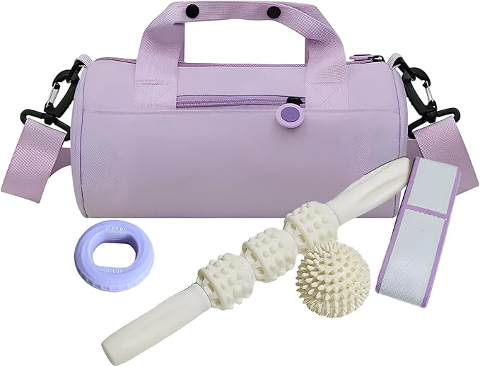 Portable Women'S Gym Bag Kit, 5 Pcs Exercise Accessories Set, Hand Grip Roller Stick Yoga Band Spiky Ball Kit, Stylish Sport Bag For Workout