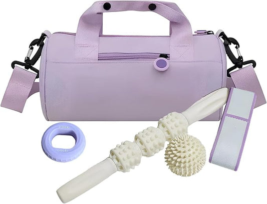 Portable Women'S Gym Bag Kit, 5 Pcs Exercise Accessories Set, Hand Grip Roller Stick Yoga Band Spiky Ball Kit, Stylish Sport Bag For Workout
