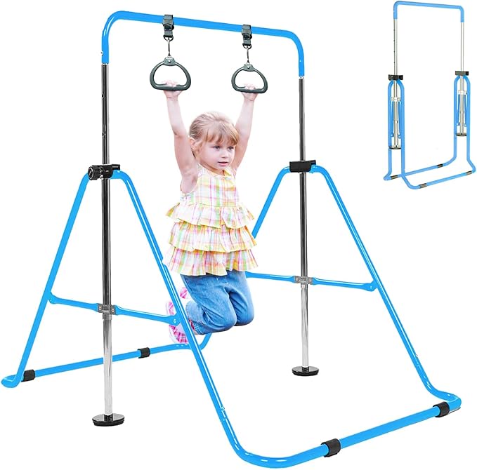 Amrta Foldable Gymnastics Bar with Rings, Adjustable Collapsible Horizontal Training Equipment Set for Indoor Outdoor Home Use Gym Gift in Pink Purple Blue
