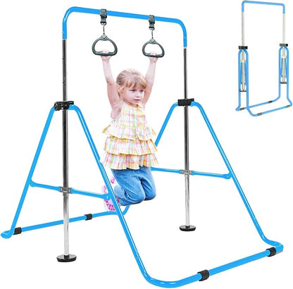 Amrta Foldable Gymnastics Bar with Rings, Adjustable Collapsible Horizontal Training Equipment Set for Indoor Outdoor Home Use Gym Gift in Pink Purple Blue