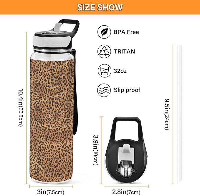 ALAZA Brown Leopard Print Hipster Sports Water Bottle with Straw Tritan Drink Bottle 32 oz BPA Free Reusable for Travel Outdoor Fitness