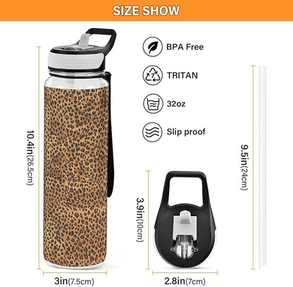 ALAZA Brown Leopard Print Hipster Sports Water Bottle with Straw Tritan Drink Bottle 32 oz BPA Free Reusable for Travel Outdoor Fitness
