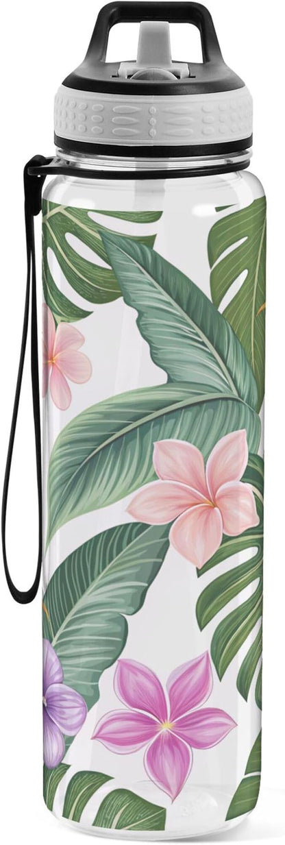 Burbuja Hawaiian Floral Palm Leaf 32 oz Water Bottle with Straw Lid, Leakproof & BPA Free Tritan Bottle for Gym Fitness Outdoor Sports