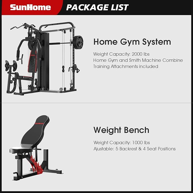 SunHome Multifunction Home Gym Equipment Workout Station, Smith Machine with 138LB Weight Stack, Leg Press, LAT Station for Full Body Training