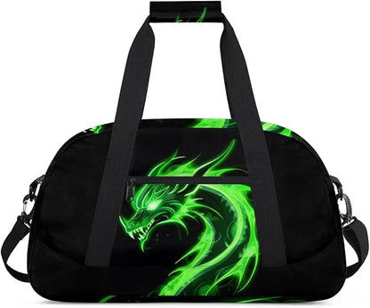 Green Dragon Kids Duffel Bag for Boys, Abstract Animal Sports Gym Bags Overnight Travel Weekender Lightweight Carry On Sleepovers Duffels for School Practice Gymnastics