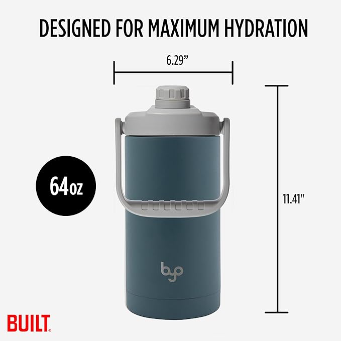 Built Byo 64 Oz Stainless Steel Insulated Bottle with Chug Lid (Teal) - BPA-Free, Leakproof, Double Wall, Sweat-Proof Handle - Reusable Water Bottle for Fitness, Wellness, Daily Hydration