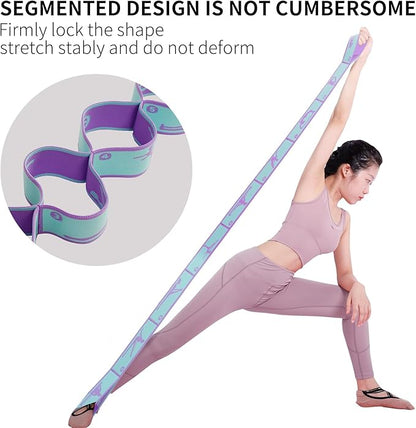 Elastic Yoga Stretching Strap with 9 Loops Pattern Guide, Stretch Straps for Pilates, Dance, Gymnastics Physical Therapy, Multi-Loop Adjustable Exercise Bands