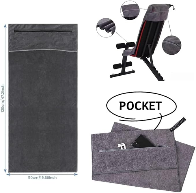 Angelica & Co Microfiber Fast Drying Gym Towel with Phone Pocket, Zipper, Fitness, Pilates, Yoga Mat Cover, Bench Cover, Camping - Brown L