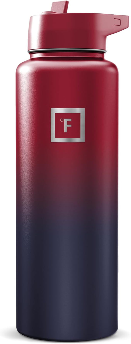 IRON °FLASK Camping & Hiking Hydration Flask with Straw, Wide Mouth Insulated Stainless Steel Sports Water Bottle - Dark Rainbow 40 oz - Straw (1 Lid)