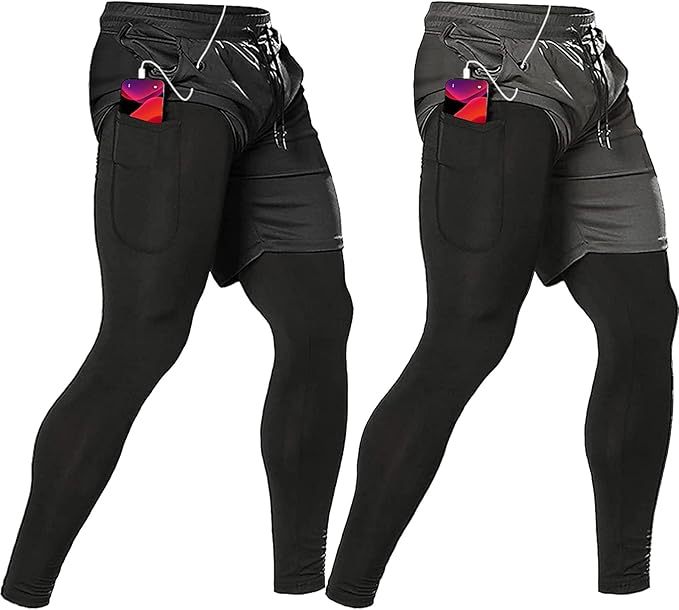 OEBLD Mens 2 in 1 Athletic Running Pants Quick Dry Gym Workout Shorts for Men Compression Pants with Pockets