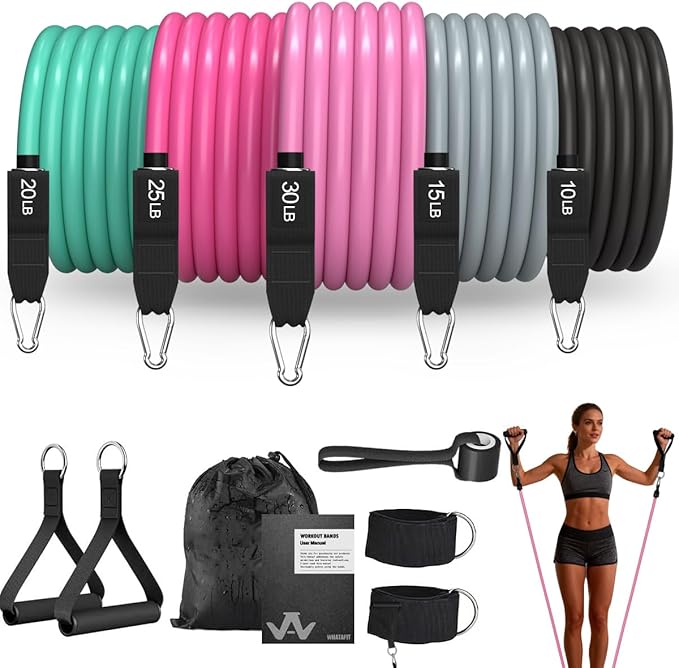 WHATAFIT Resistance Bands Set with Handles - Exercise Bands Home Gym Strength Training Equipment, Includes Door Anchor & Ankle Straps for Full Body Workout Bands, Physical Therapy