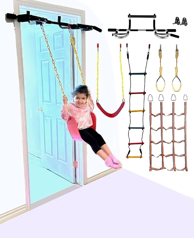 Kids Doorway Gym Swing Set + Pull Up Bar 6 in 1 Indoor Gym Playground Combo for Children, Includes Swing Seat, Climbing Cargo Net, 2X Gymnastic Trapeze Rings, Rope Ladder, Full Accessory