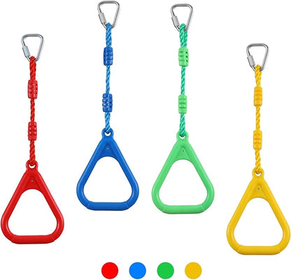 PELLOR 4 Colorful Ninja Rings, Gymnastic Rings Trapeze Swing Bar Ring with Triangle Handle for Home Gym Playground Ninja Warrior Obstacle Course Training Workout